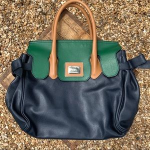 💙 Roberta Gandolfi leather handbag made in Italy. Navy, green, tan top handle.